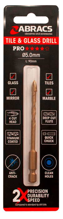 Abracs 5.0mm x 90mm Glass & Tile Drill Bit - 4 Tip Pack of 1, DBG050