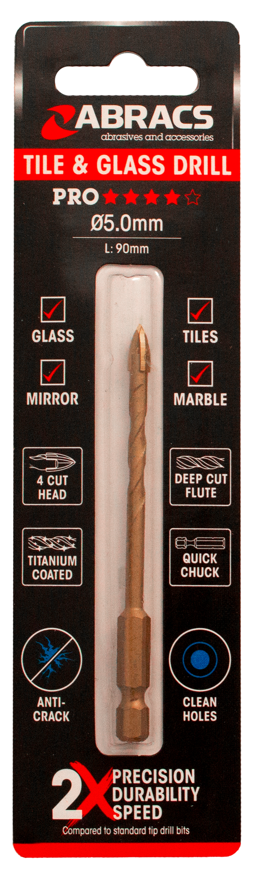 Abracs 5.0mm x 90mm Glass & Tile Drill Bit - 4 Tip Pack of 1, DBG050