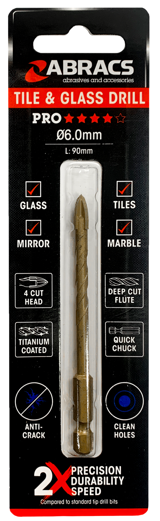 Abracs 6.0mm x 90mm Glass & Tile Drill Bit - 4 Tip Pack of 1, DBG060