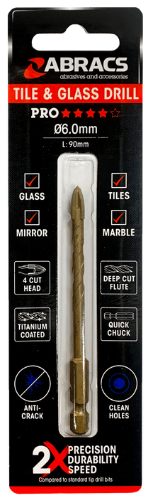 Abracs 6.0mm x 90mm Glass & Tile Drill Bit - 4 Tip Pack of 1, DBG060