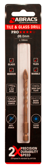 Abracs 8.0mm x 100mm Glass & Tile Drill Bit - 4 Tip, DBG080