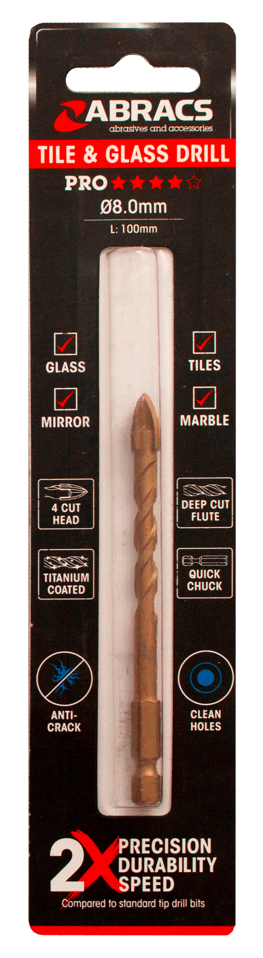 Abracs 8.0mm x 100mm Glass & Tile Drill Bit - 4 Tip, DBG080