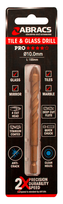 Abracs 10.0mm x 100mm Glass & Tile Drill Bit - 4 Tip Pack of 1, DBG100