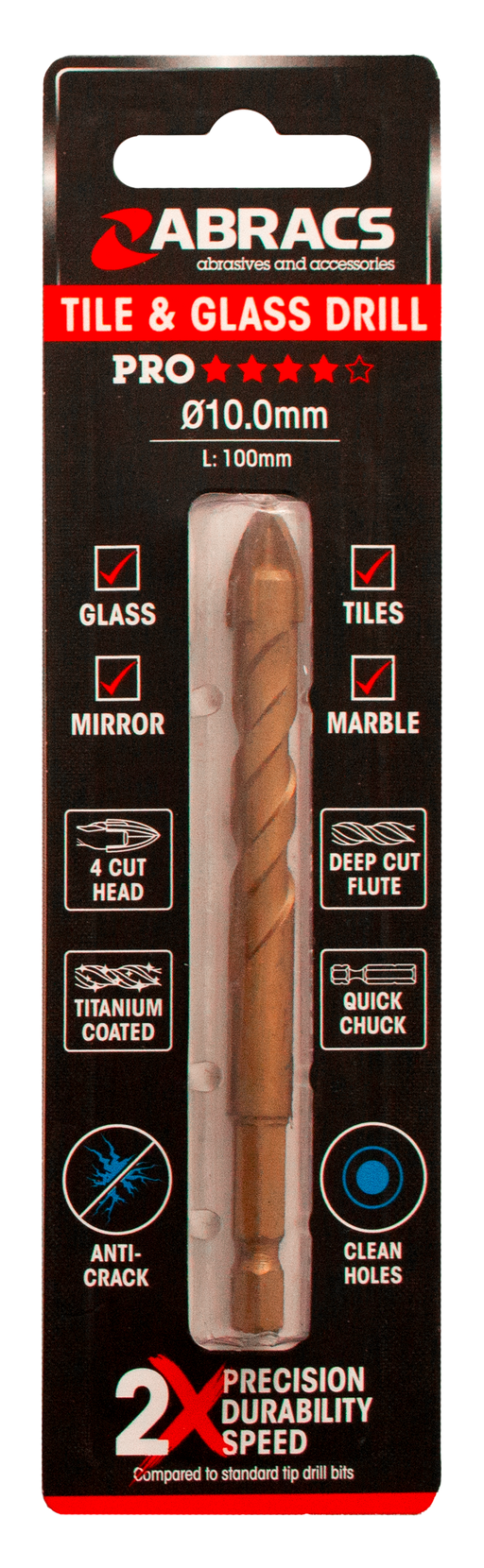 Abracs 10.0mm x 100mm Glass & Tile Drill Bit - 4 Tip Pack of 1, DBG100
