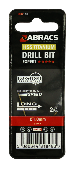 Abracs Tin Coated HSS Drill Bit 1.0mm - 2(Pcs) Pack of 1, DBT102