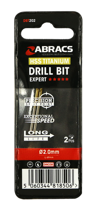 Abracs Tin Coated HSS Drill Bit 2.0mm - 2(Pcs) Pack of 1, DBT202
