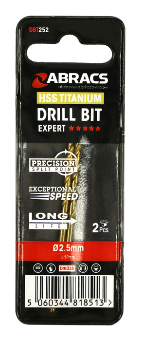 Abracs Tin Coated HSS Drill Bit 2.5mm - 2(Pcs) Pack of 1, DBT252