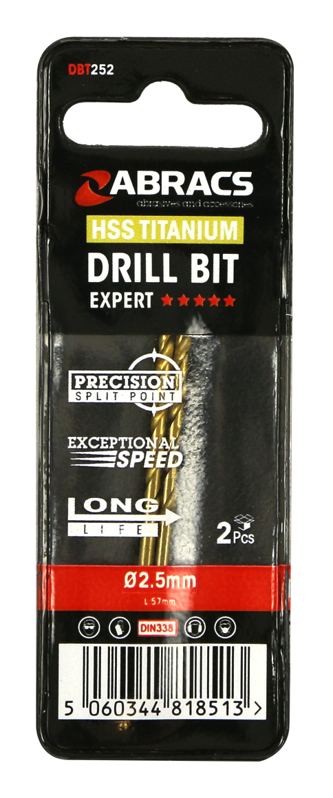 Abracs Tin Coated HSS Drill Bit 2.5mm - 2(Pcs) Pack of 1, DBT252