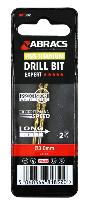 Abracs Tin Coated HSS Drill Bit 3.0mm - 2(Pcs) Pack of 1, DBT302