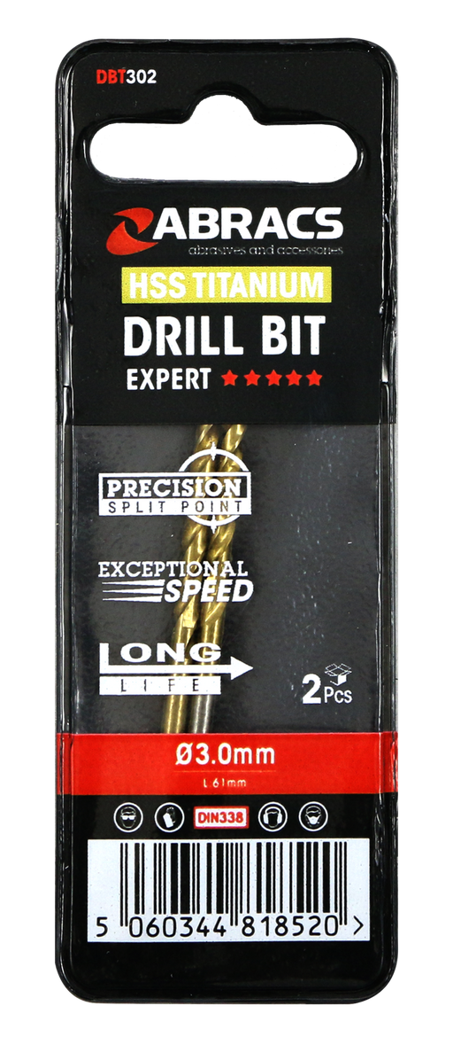 Abracs Tin Coated HSS Drill Bit 3.0mm - 2(Pcs) Pack of 1, DBT302