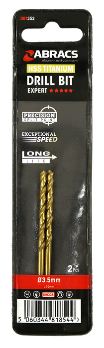 Abracs Tin Coated HSS Drill Bit 3.5mm - 2(Pcs) Pack of 1, DBT352