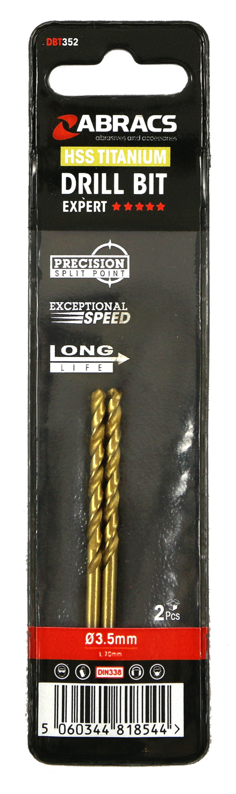 Abracs Tin Coated HSS Drill Bit 3.5mm - 2(Pcs) Pack of 1, DBT352