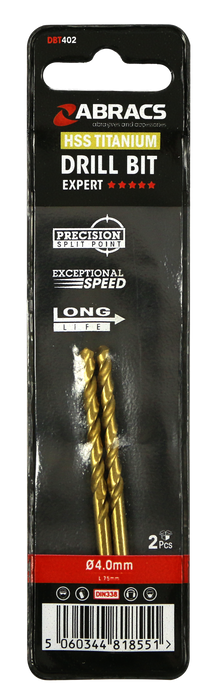 Abracs Tin Coated HSS Drill Bit 4.0mm - 2(Pcs) Pack of 1, DBT402