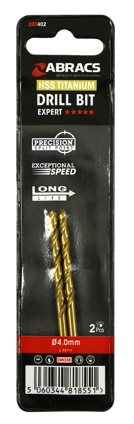 Abracs Tin Coated HSS Drill Bit 4.0mm - 2(Pcs) Pack of 1, DBT402
