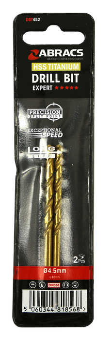 Abracs Tin Coated HSS Drill Bit 4.5mm - 2(Pcs) Pack of 1, DBT452