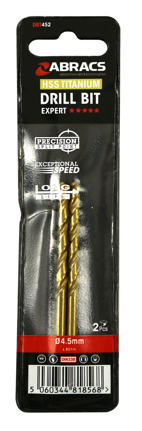 Abracs Tin Coated HSS Drill Bit 4.5mm - 2(Pcs) Pack of 1, DBT452