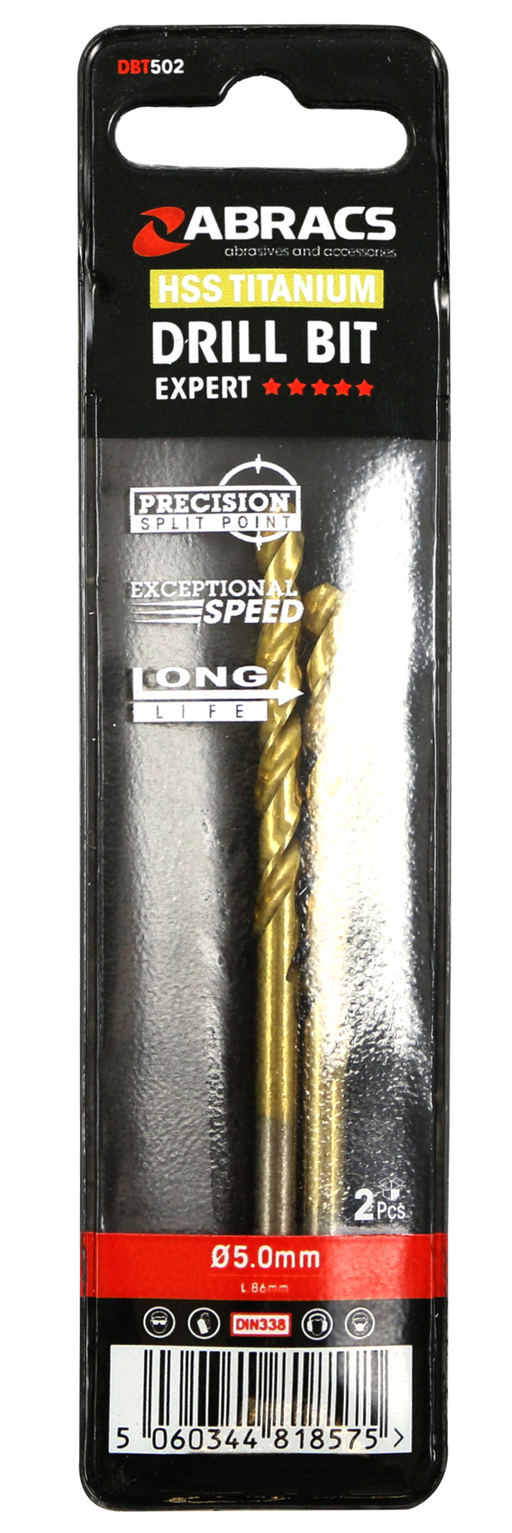 Abracs Tin Coated HSS Drill Bit 5.0mm - 2(Pcs) Pack of 1, DBT502