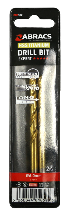 Abracs Tin Coated HSS Drill Bit 6.0mm - 2(Pcs) Pack of 1, DBT602