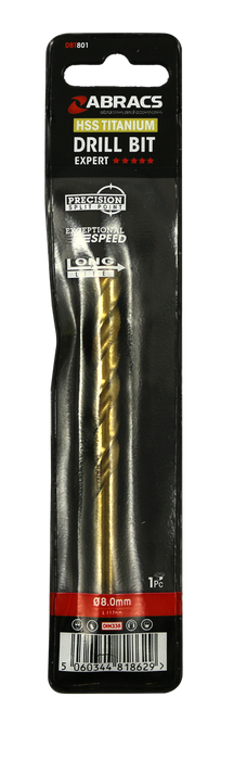 Abracs Tin Coated HSS Drill Bit 8.0mm - Pack of 1, DBT801