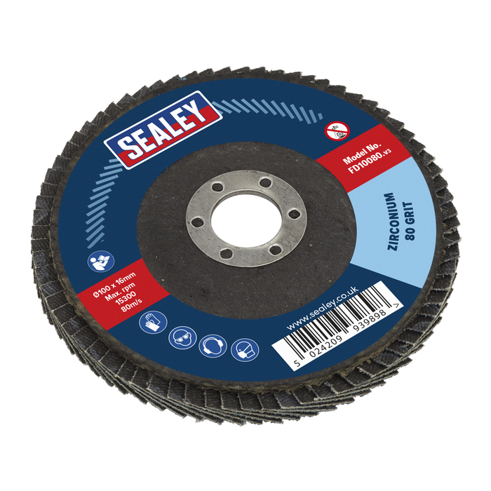 Sealey Flap Disc Zirconium, Ø100mmØ16mm Bore 80Grit, FD10080
