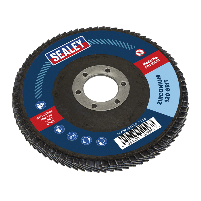 Sealey Flap Disc Zirconium, Ø115mmØ22mm Bore 120Grit, FD115120