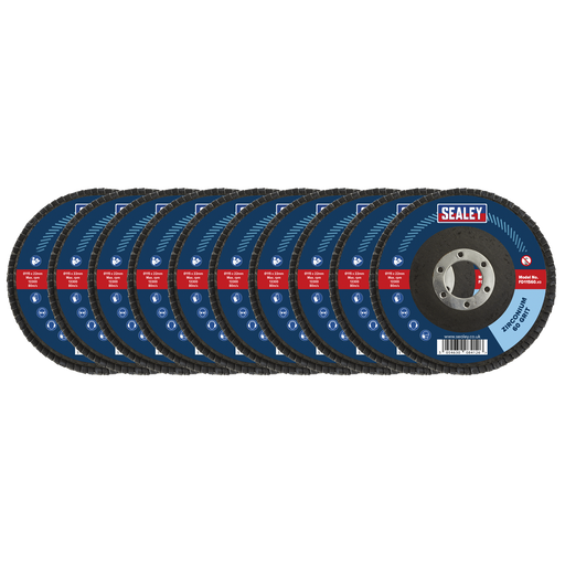 Sealey Flap Discs Zirconium, Ø115mm Ø22mm Bore 60Grit - Pack of 10, FD1156010