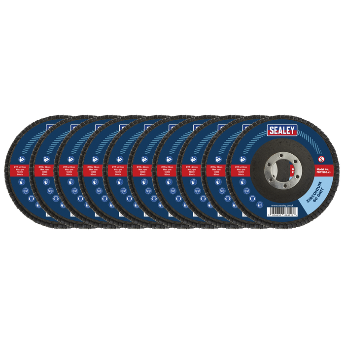 Sealey Flap Discs Zirconium, Ø115mm Ø22mm Bore 60Grit - Pack of 10, FD1156010