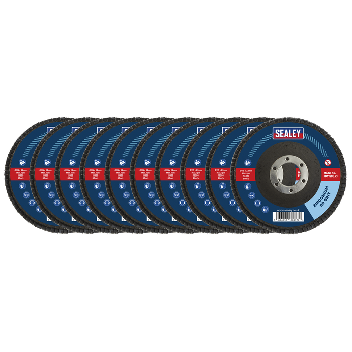 Sealey Flap Discs Zirconium, Ø115mmØ22mm Bore 80Grit - Pack of 10, FD1158010