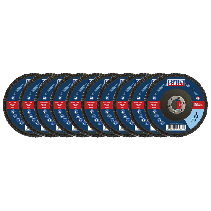 Sealey Assorted Grit Flap Discs Zirconium Ø115mm,Ø22mm Bore - Pack of 10, FD115MIX