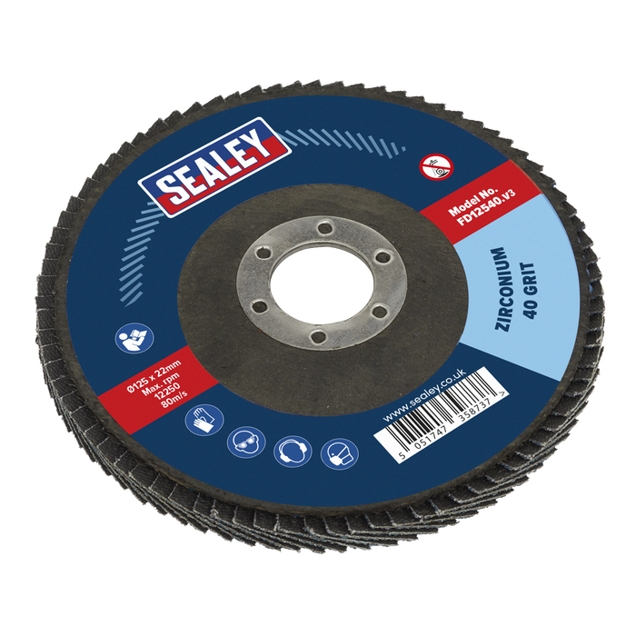 Sealey Flap Disc Zirconium, Ø125mm Ø22mm Bore 40Grit, FD12540