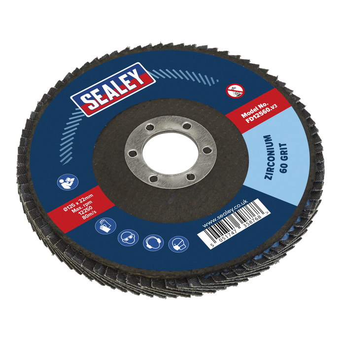 Sealey Flap Disc Zirconium, Ø125mm Ø22mm Bore 60Grit, FD12560