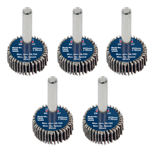 Sealey Flap Wheels, Ø25 x 10mm Ø6mm Shaft 40Grit - Pack of 5, FW2510405