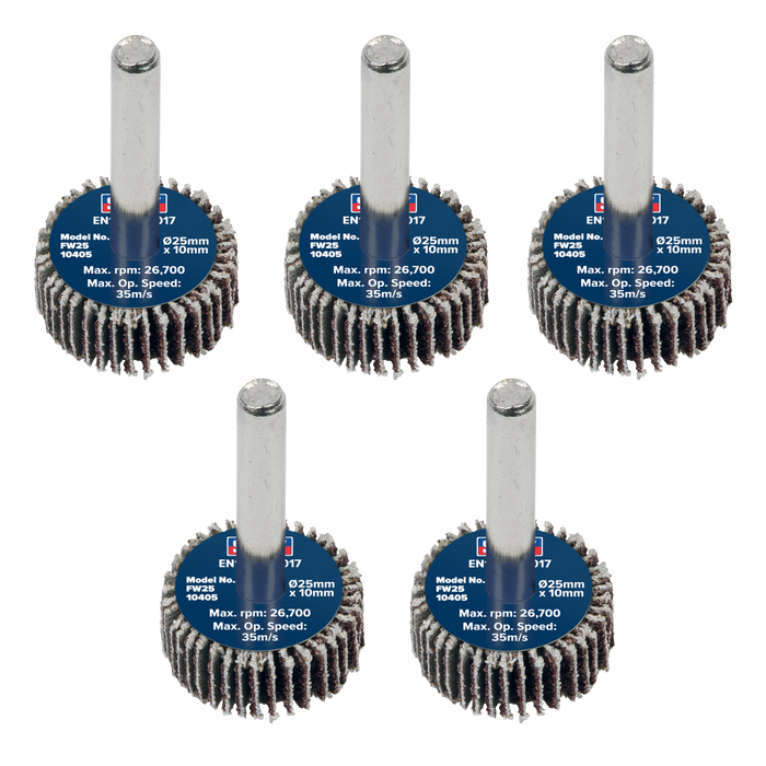 Sealey Flap Wheels, Ø25 x 10mm Ø6mm Shaft 40Grit - Pack of 5, FW2510405