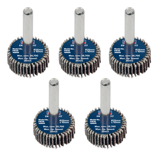 Sealey Flap Wheels, Ø25 x 10mm Ø6mm Shaft 60Grit - Pack of 5, FW2510605