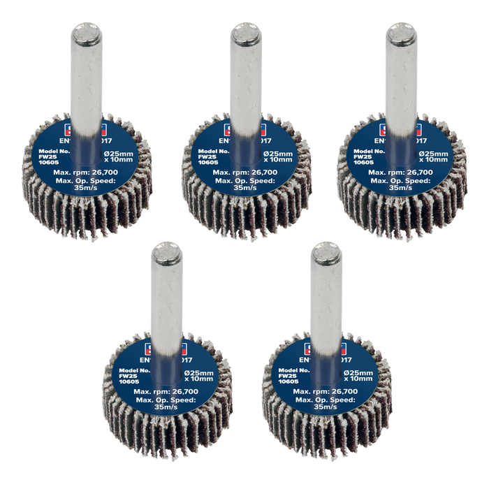 Sealey Flap Wheels, Ø25 x 10mm Ø6mm Shaft 60Grit - Pack of 5, FW2510605