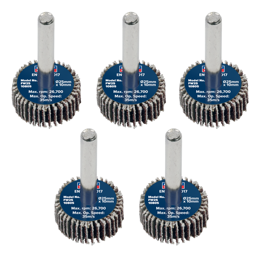 Sealey Flap Wheels, Ø25 x 10mm Ø6mm Shaft 80Grit- Pack of 5, FW2510805