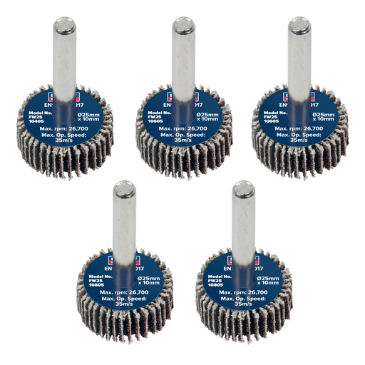 Sealey Flap Wheels, Ø25 x 10mm Ø6mm Shaft Assorted Grit- Pack of 5, FW2510ASS