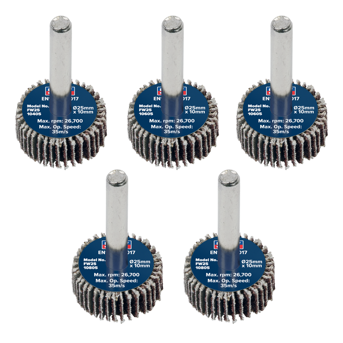 Sealey Flap Wheels, Ø25 x 10mm Ø6mm Shaft Assorted Grit- Pack of 5, FW2510ASS
