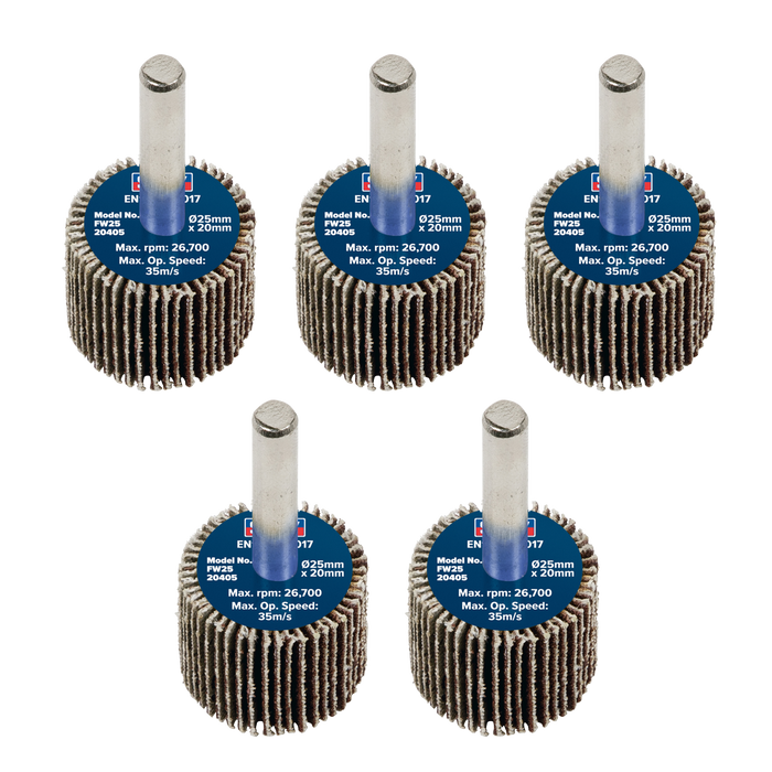 Sealey Flap Wheels, Ø25 x 20mm Ø6mm Shaft 40Grit - Pack of 5, FW2520405