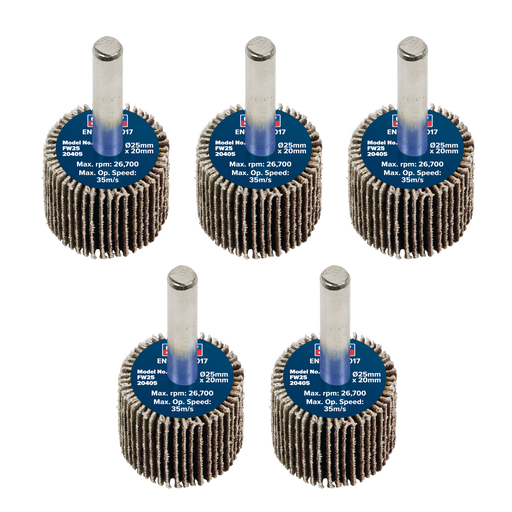 Sealey Flap Wheels, Ø25 x 20mm Ø6mm Shaft 40Grit - Pack of 5, FW2520405