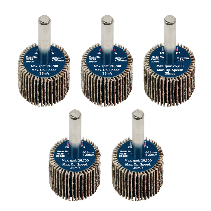 Sealey Flap Wheels, Ø25 x 20mm Ø6mm Shaft 60Grit- Pack of 5, FW2520605