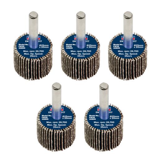 Sealey Flap Wheels, Ø25 x 20mm Ø6mm Shaft 80Grit - Pack of 5, FW2520805