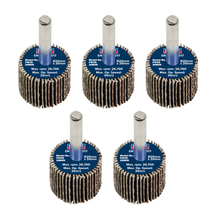 Sealey Flap Wheels, Ø25 x 20mm Ø6mm Shaft 80Grit - Pack of 5, FW2520805