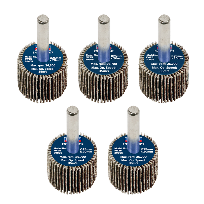Sealey Flap Wheels, Ø25 x 20mm Ø6mm Shaft Assorted Grit - Pack of 5, FW2520ASS