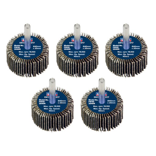 Sealey Flap Wheels, Ø40 x 20mm Ø6mm Shaft 40Grit - Pack of 5, FW4020405