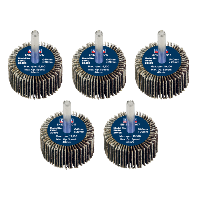 Sealey Flap Wheels, Ø40 x 20mm Ø6mm Shaft 40Grit - Pack of 5, FW4020405