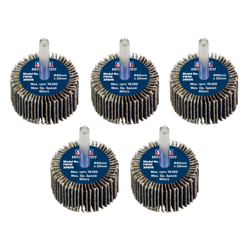 Sealey Flap Wheels, Ø40 x 20mm Ø6mm Shaft 60Grit - Pack of 5, FW4020605