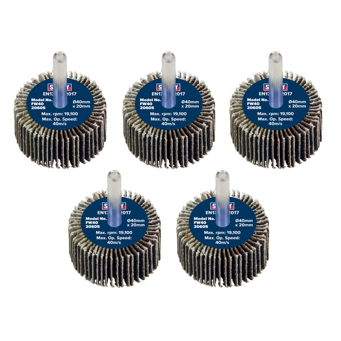 Sealey Flap Wheels, Ø40 x 20mm Ø6mm Shaft 60Grit - Pack of 5, FW4020605
