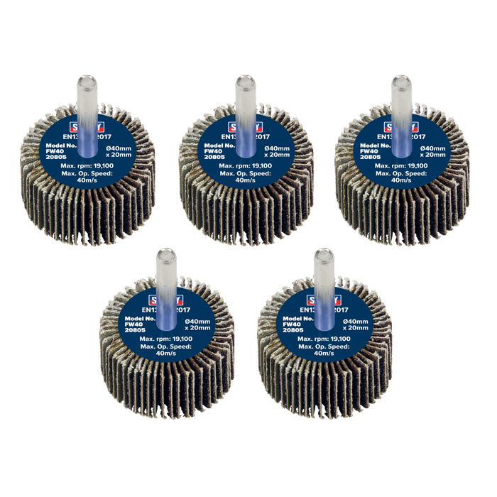 Sealey Flap Wheels, Ø40 x 20mm Ø6mmShaft 80Grit - Pack of 5, FW4020805