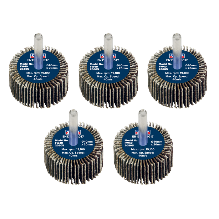 Sealey Flap Wheels, Ø40 x 20mm Ø6mm Shaft Assorted Grit - Pack of 5, FW4020ASS